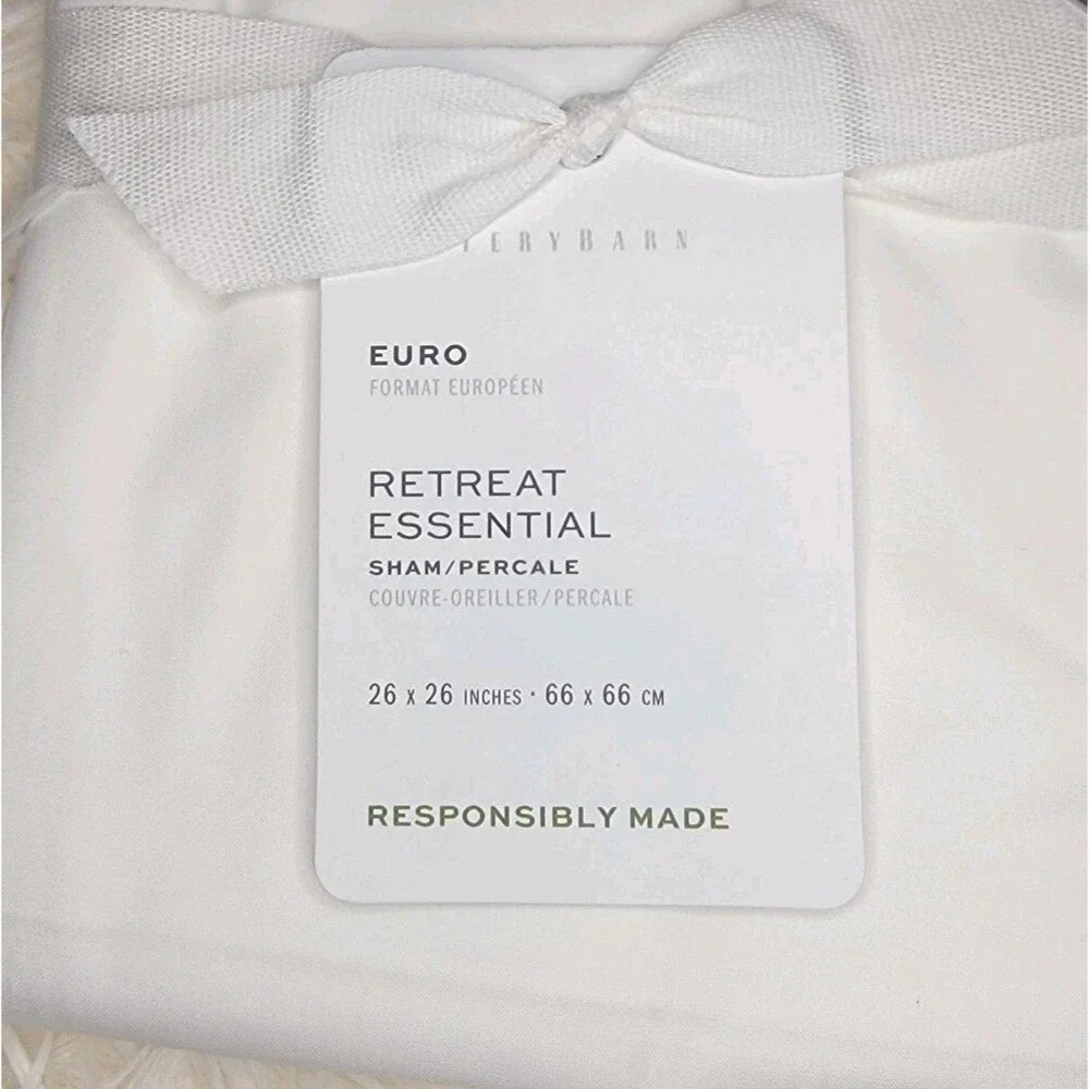 1 Pottery Barn RETREAT ESSENTIAL Euro Sham 26 × 26 White 100% Cotton NEW K
